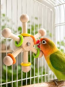 1pc 360° Rotating Wooden Bird Cage Doll With Colorful Rings, Parrot Interactive Rotating Intelligence Doll, Natural Wood Hanging Doll, Suitable For Parrots, Cockatiels, Lovebirds, Sun Conures, Small Bird Cage Accessory - A+B - View 1