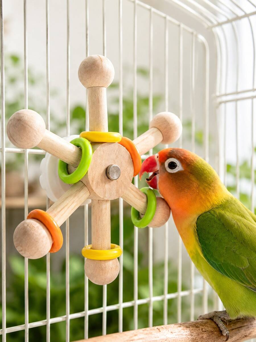 1pc 360° Rotating Wooden Bird Cage Doll With Colorful Rings, Parrot Interactive Rotating Intelligence Doll, Natural Wood Hanging Doll, Suitable For Parrots, Cockatiels, Lovebirds, Sun Conures, Small Bird Cage Accessory - A+B - View 1