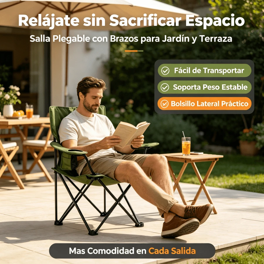 Silla Plegable para Exterior con Brazos, Silla de Camping Portátil con Portavasos, Silla de Campamento Plegable con Reposabrazos y Bolsillo Lateral, Silla Portátil para Jardín,,Marco Metálico Resistente para Playa, Picnic y Senderismo,5Color opcional - Verde Oliva - Ver 1