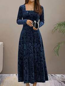 Floral Pattern Velvet Dress, Autumn Women's Clothing, Elegant Long Sleeve Swing Dress - Blue - View 4
