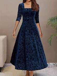 Floral Pattern Velvet Dress, Autumn Women's Clothing, Elegant Long Sleeve Swing Dress - Blue - View 2