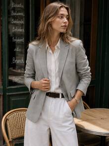 Women's Elegant Solid Color Button-Up Jacket, Long Sleeve Lapel Blazer, Spring/Summer Office & Casual Wear, Machine Washable, Classic Blazer Fall - Light Grey - View 2
