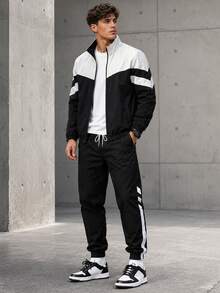 1 Set Men's Spring/Autumn 2 Pieces Sports Outfit, Colorblock Stand Collar Jacket With Side Stripe Joggers, Casual Men's Set - Black and White - View 1
