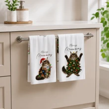 2/4/6pcs Christmas Theme Cat Bathroom Towel Set, Bathroom Set, Merry Meowmas Kitten Hand Towel, Bathroom Decor & Accessories, Kitchen Decor & Accessories, Christmas Gift - Multicolor - View 3