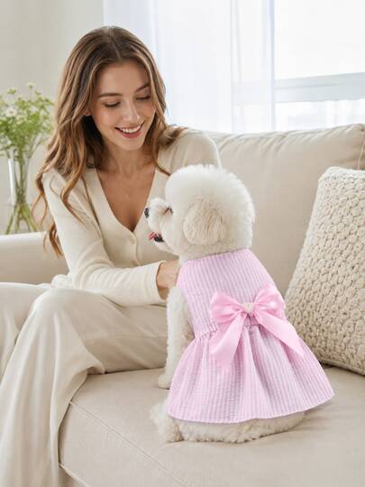 Pink & White Vertical Striped Sleeveless Pet Dog Dress, Soft Breathable Seersucker Fabric Puppy Dress, Decorated With Large Satin Bow & Heart-Shaped Pearl Accents, Sweet Elegant Daily Wear New Style For Small & Medium Dogs