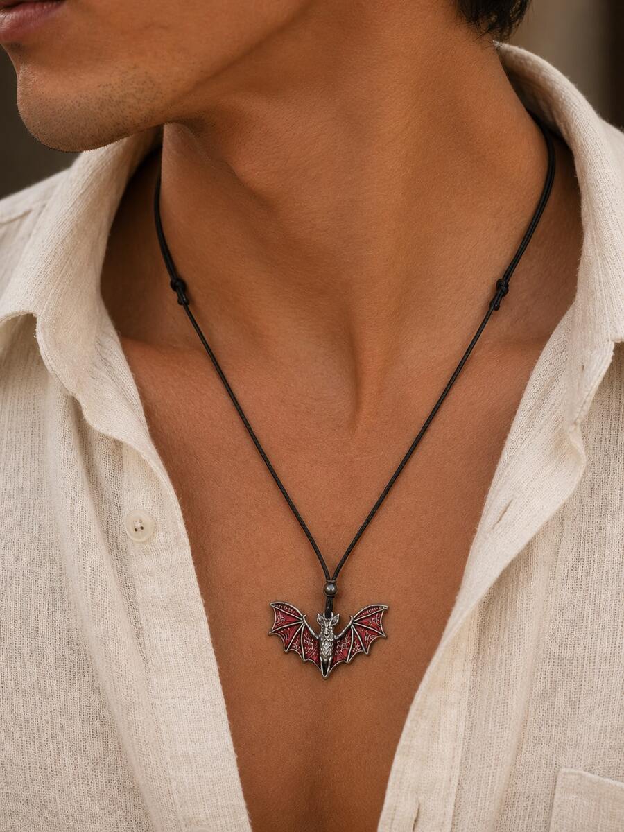 1pc Vintage Dark Style Adjustable Red & Black Leather Cord Bat Pendant Necklace For Men - Multicolor - View 1