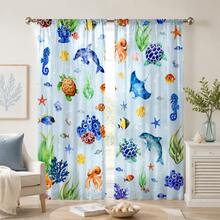 2 Pieces Of Underwater World Marine Life Printed Curtains, Fade Resistant, Hand Washable And Machine Washable, Hook Free Design, Suitable For Home Decoration In Living Rooms, Bedrooms, And Study Rooms - Multicolor - View 1