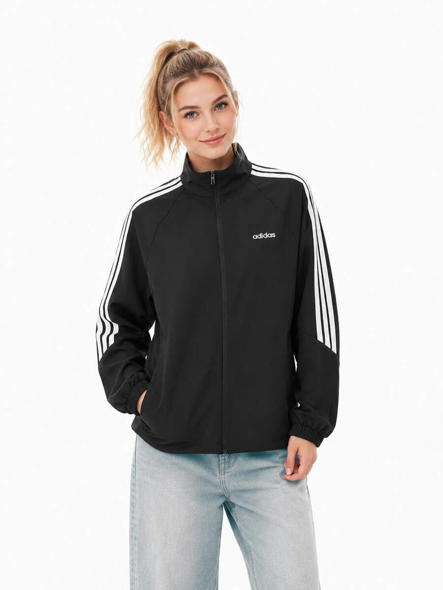 Adidas Women's Casual Windbreaker Jacket With Stand Collar And Three Stripes - Black - View 1
