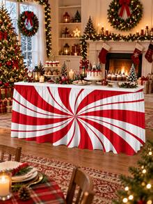 Christmas Peppermint Swirl Table Skirt, Red White Candy Stripe Polyester Table Cover, Festive Holiday Party Decor For Dessert Table, Buffet, Dining Room, Kitchen, Banquet And Xmas Home Decoration - F - View 9