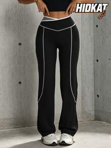 Hidkat Women's Fashion Solid Color High Waist Fitted Yoga Sports Knit Flare Pants - Multicolor - View 1