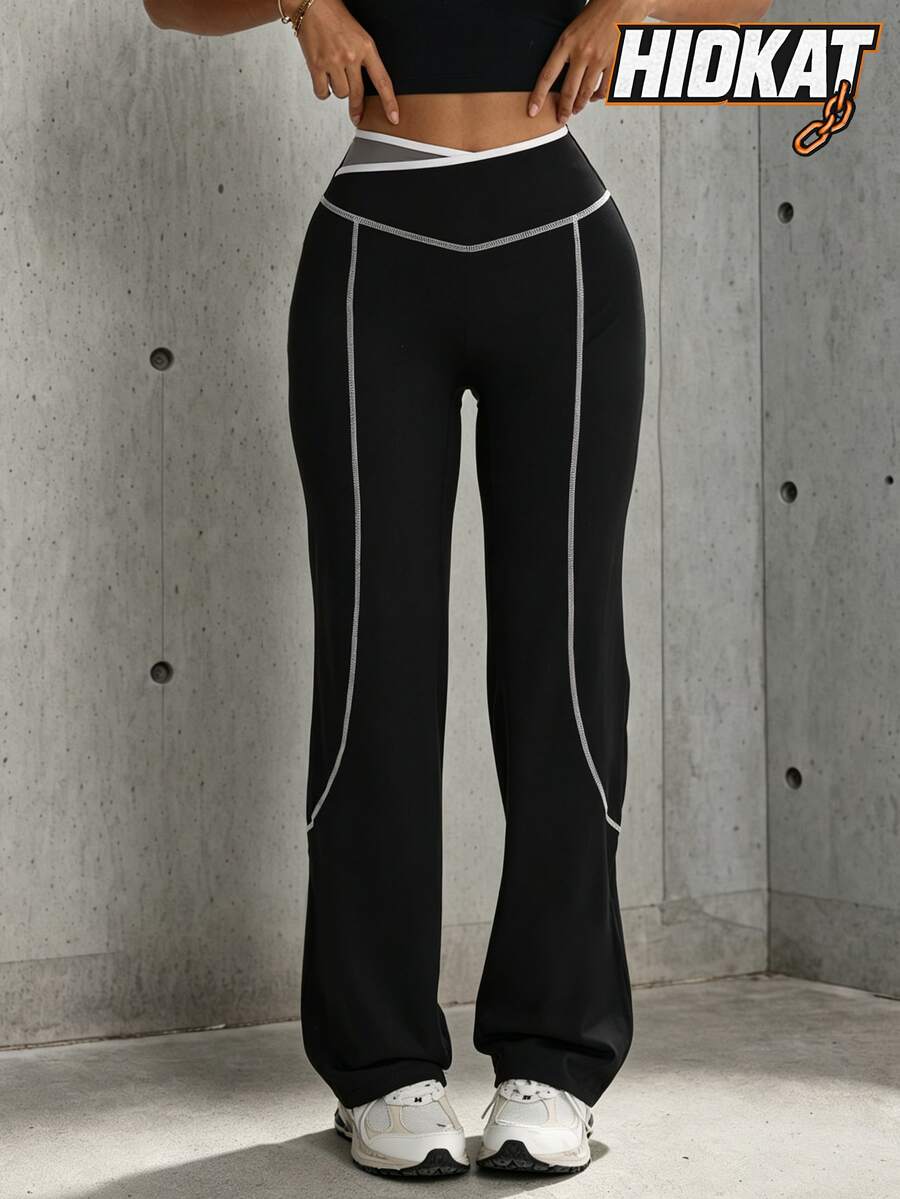 Hidkat Women's Fashion Solid Color High Waist Fitted Yoga Sports Knit Flare Pants - Multicolor - View 1