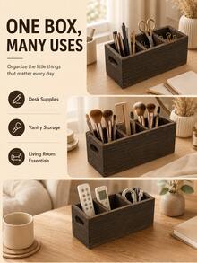 Solid Wood 3-Compartment Desktop Organizer Box, Multi-Slot Design For Makeup Brushes, Remote Controls, Stationery And Miscellaneous Items - View 1