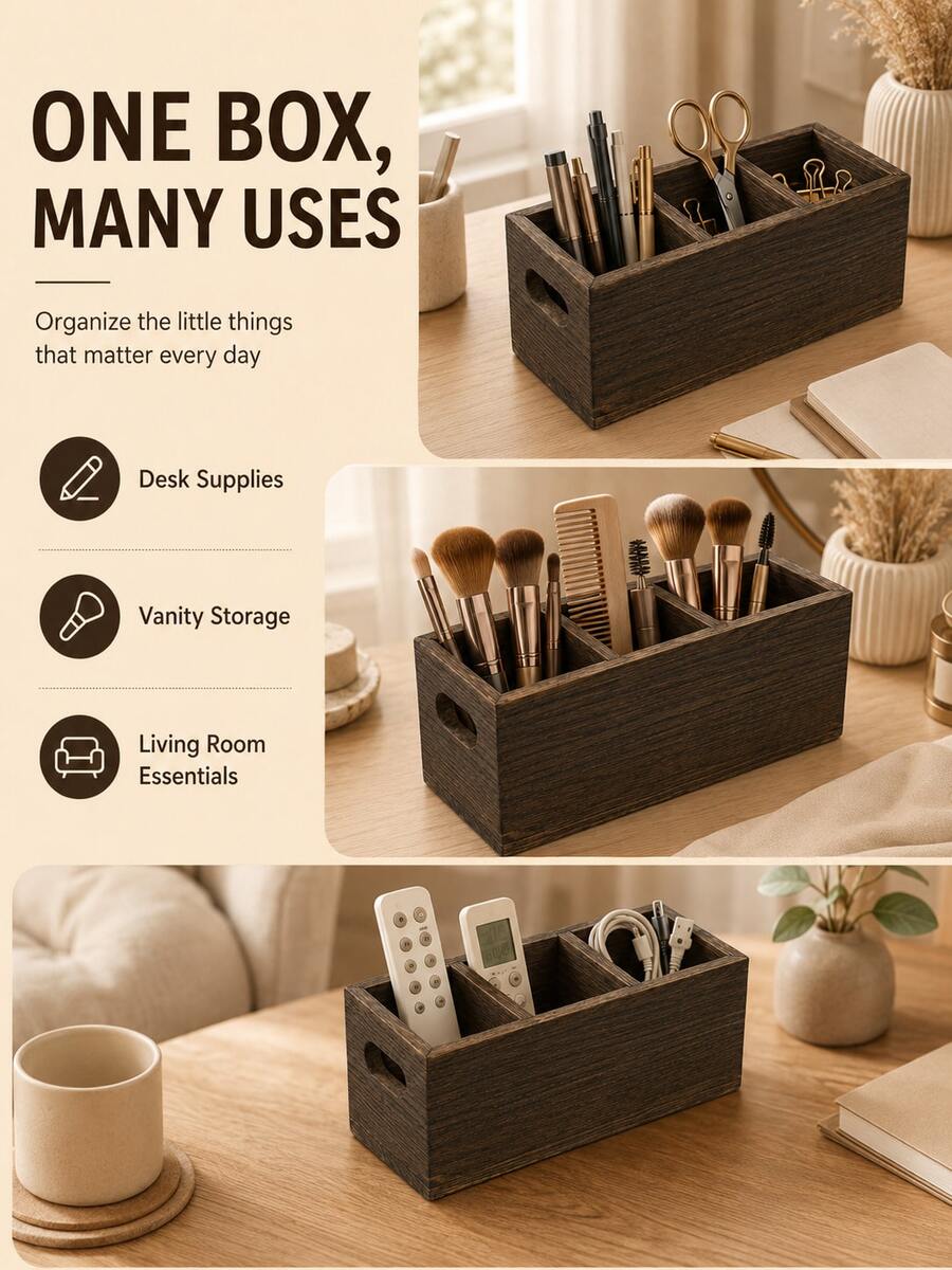 Solid Wood 3-Compartment Desktop Organizer Box, Multi-Slot Design For Makeup Brushes, Remote Controls, Stationery And Miscellaneous Items - View 1