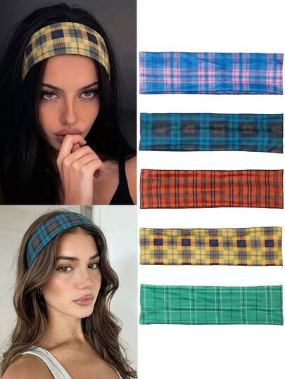 5 Pcs Plaid Headbands For Women,Wide Tartan Hair Bands,Soft Fabric Workout Headband For Sports Daily Wear,Fashion Checkered Hair Accessories For Girls
