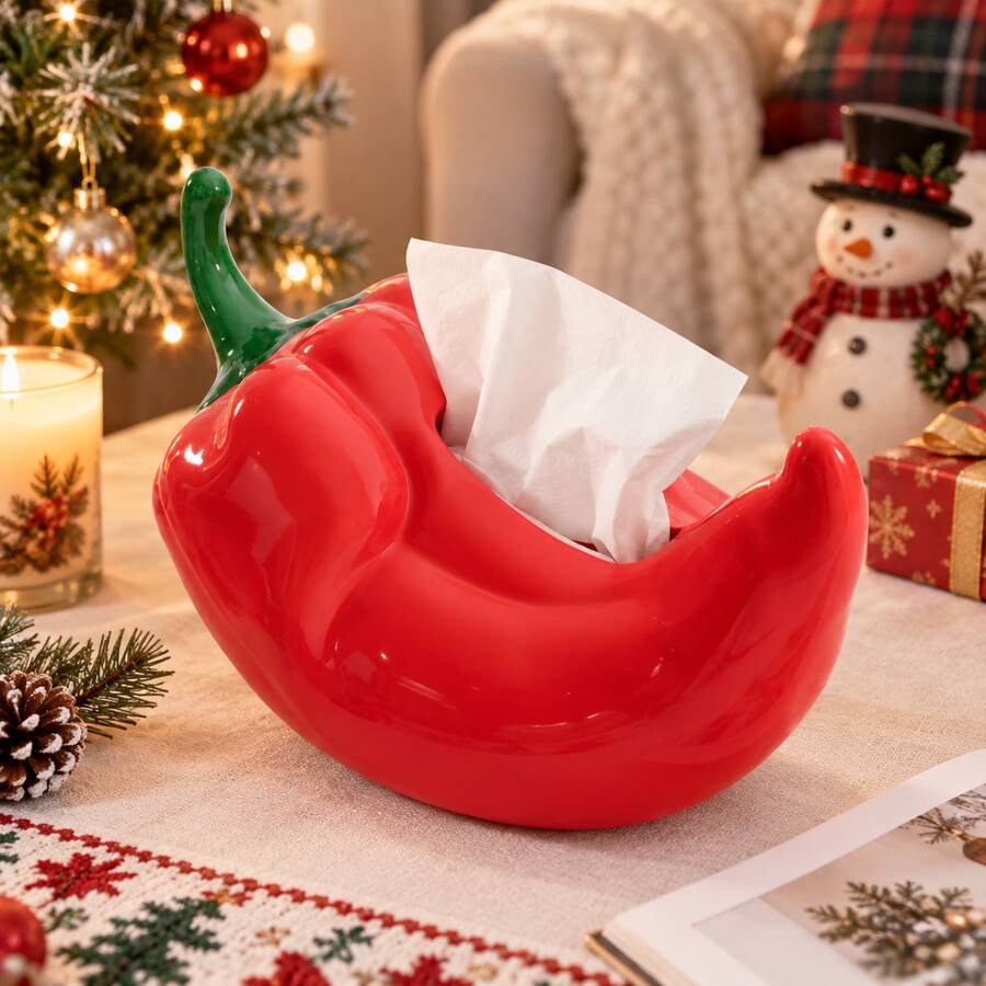 Christmas Chili Pepper Shaped Tissue Box, Adds Lively And Interesting Desktop Decor With 3D Curved Chili Pepper Design, Reduces Visual Clutter From Exposed Tissue Packaging, Conceals Tissue Box With Outer Shell And Maintains Easy Access Via Top Opening, Naturally Combines Daily Tissue Use With Fun Home Decor, Suitable For Living Room, Bedroom, Dining Room And Kitchen - Christmas Decorative Tissue Box - View 1