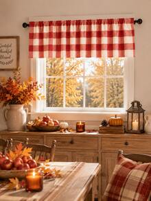 1pc-Red And White Buffalo Check Valance Curtain, Farmhouse Plaid Rod Pocket Window Topper, Rustic Country Kitchen Window Treatment, Fall Thanksgiving & Christmas Home Decor, Short Checkered Curtain Valance For Cafe Dining Room - Black and White - View 1