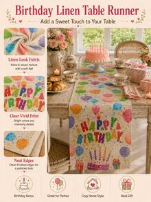 1pc-Birthday Linen Table Runner, Colorful Happy Birthday Table Decor With Balloons Cake Gifts And Confetti, Rustic Farmhouse Birthday Party Decorations For Dining Table Kitchen Home - Multicolor - View 3