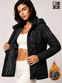 mulinsen Women's Colorblock Fleece Lined Hooded Windproof Jacket, Suitable For Winter Hiking And Camping - Black - View 1