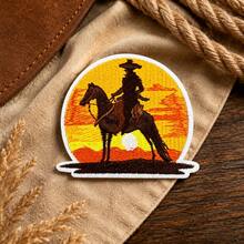 1pc/2pcs/3pcs/4pcs Western Cowboy Sunset Iron‑On Patch, Wild West Horse Silhouette Vintage Embroidered Applique - Multicolor - View 1