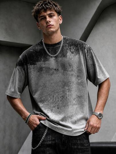 Krometka Men's Black Grey White Gradient Splatter Distressed Loose Short Sleeve T-Shirt, Contrast Stitching Crew Neck Vintage Gothic Street Casual Top