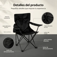 Silla Plegable para Exterior con Brazos, Silla de Camping Portátil con Portavasos, Silla de Campamento Plegable con Reposabrazos y Bolsillo Lateral, Silla Portátil para Jardín,,Marco Metálico Resistente para Playa, Picnic y Senderismo,5Color opcional - Negro - Ver 4
