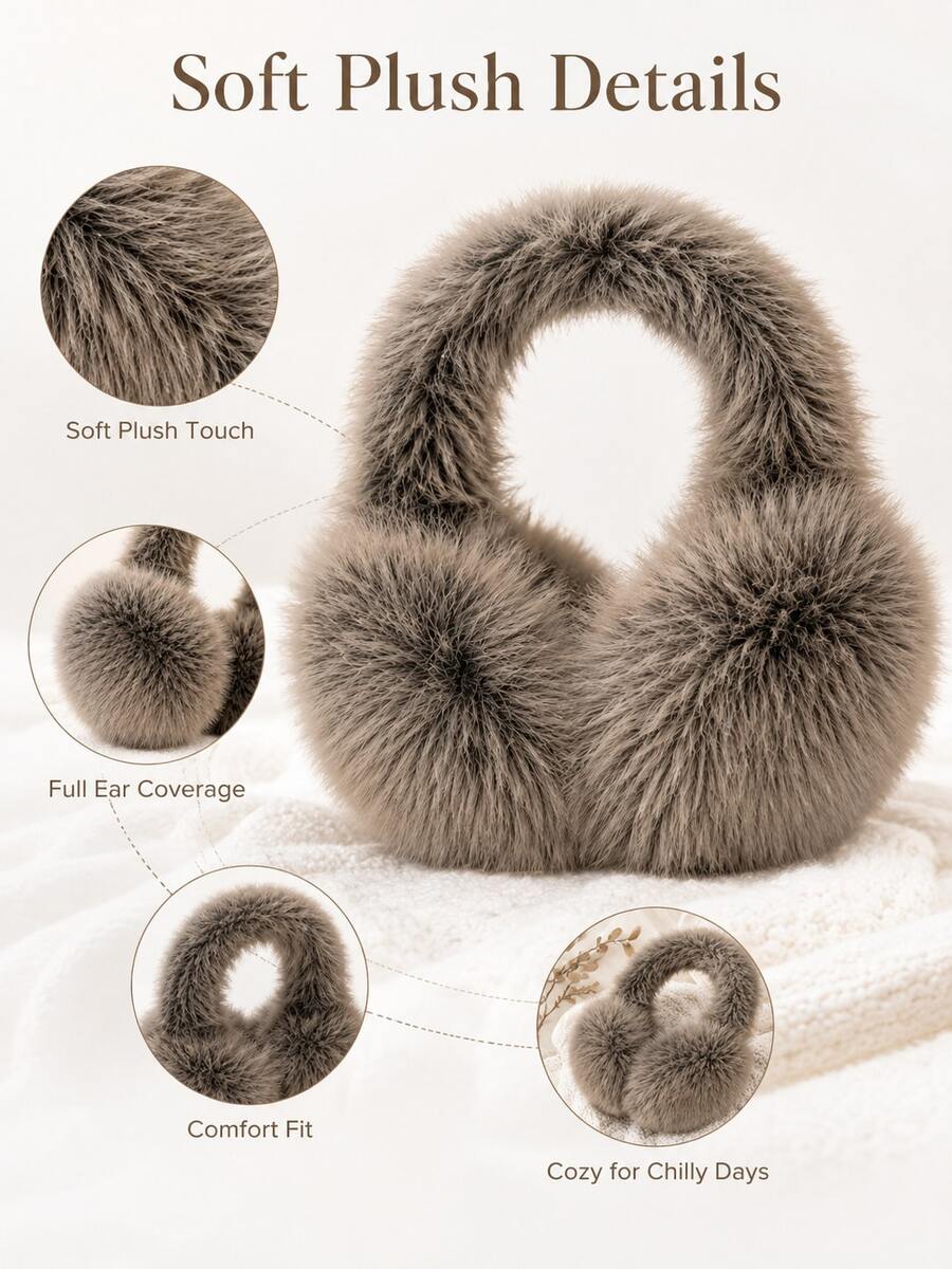 1pc Women's Cream Solid Color Plush Ear Muffs, Warm & Fashionable Autumn Outfit - Multicolor - View 1