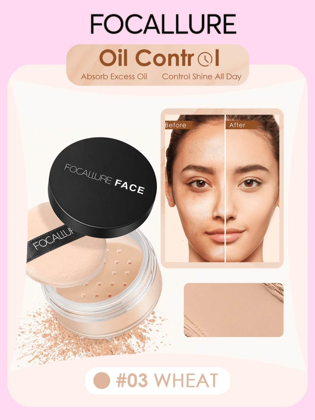 FOCALLURE Bedak Tabur Ringan Mineral 7g, Tahan Lama 24 Jam, Mengontrol Minyak, Bedak Halus Transparan, Hasil Akhir Matte Soft Focus, Bebas Minyak & Tanpa Kilap, Cocok Untuk Semua Jenis Kulit, Menyamarkan dan Melembutkan Pori-Pori dan Garis Halus - 03 Wheat - View 1