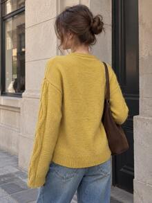 Women's Vintage Yellow Cable Knit Cardigan With Button Front And Drop Shoulder Long Sleeves, Medium Stretch Knitted Fabric Top For Fall - Ginger - View 2