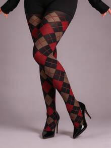 1 Pair Of Retro Diamond-Patterned Socks; Red And Gray Color-Blocking; Thickened Style. - Red - View 2