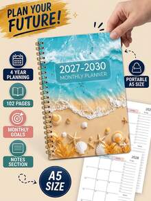 1pc 2027-2030 Long-Term Monthly Calendar Planner, 60-Month Weekly Monthly Planner Notebook With Ocean Wave Seashell & Starfish Cover, Work And Home, Back To School Supplies Office Desk Accessories Home Essentials - Multicolor - View 8