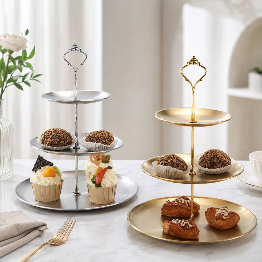1pc Stainless Steel Multi-Layer Household Storage Tray, Nordic Style Dessert Stand, Afternoon Tea Snack Plate, Luxury Party Decoration - Multicolor - View 1