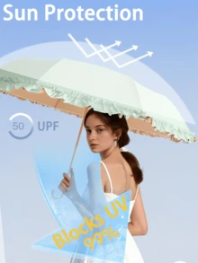 Lace Trim Folding Umbrella, Curved Handle Design, Dual-Use Sun And Rain Protection, Silver Coating Sun Umbrella, Colorful Inner Coating, UV Protection, Portable Pocket Umbrella - Multiple Styles - View 6