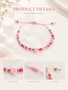 4pcs Pink Beaded Charm Bracelet For Women With Cross, Flower, Heart And Evil Eye Design, Cute Fashion Jewelry Accessory For Women, Everyday Wear - Multicolor - View 4