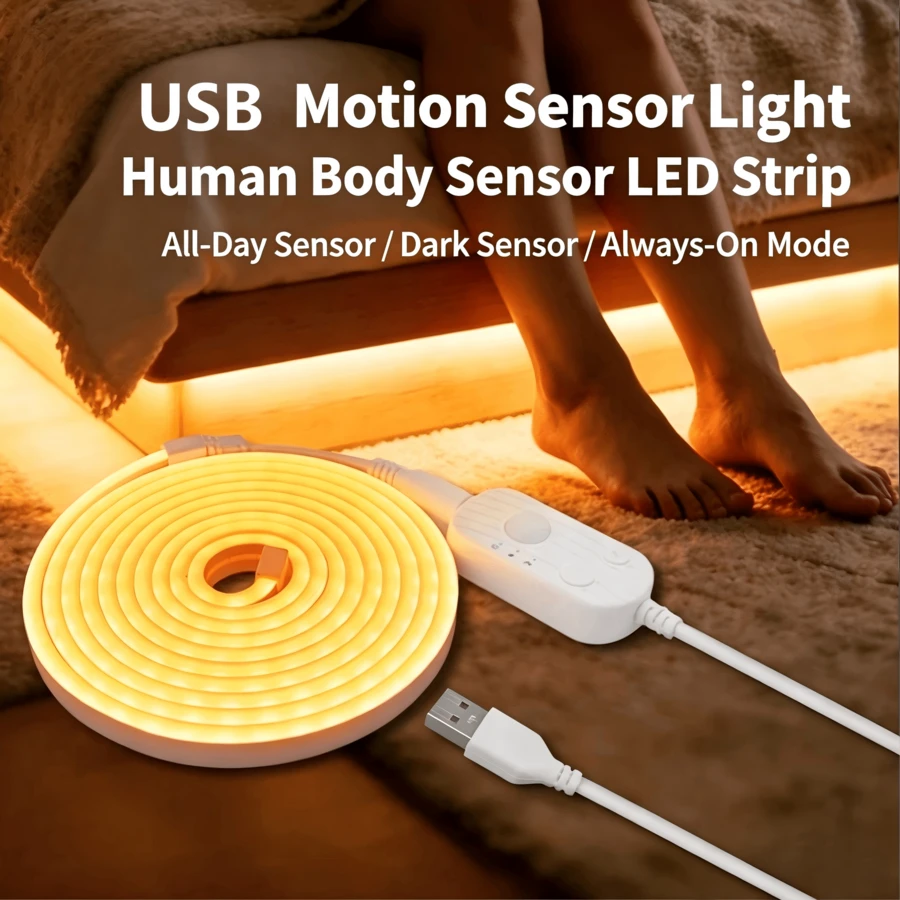 LQHZMYY Motion Sensor LED Neon Light Strip, Adjustable Light Duration, Motion Activated, 5V USB Interface, Constant On/Night Mode/Day Mode, Suitable For Floating Bed, Hallway, Sofa, Under Cabinet, Soft Neon LED Light Strip