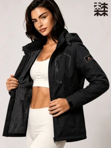 mulinsen Women's Colorblock Fleece Lined Hooded Windproof Jacket, Suitable For Winter Hiking And Camping - Black - View 5