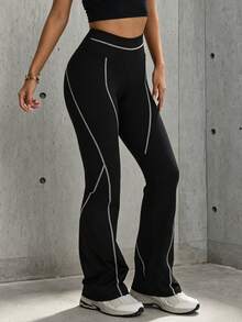 Hidkat Women's Fashion Solid Color High Waist Slim Fit Yoga Sports Knit Flare Pants - Black - View 5