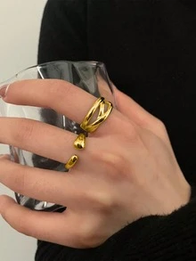 2件裝復古誇張幾何線條鏈條戒指，適合女性日常配戴，送給朋友與家人的禮物 - 金色 - 查看 1