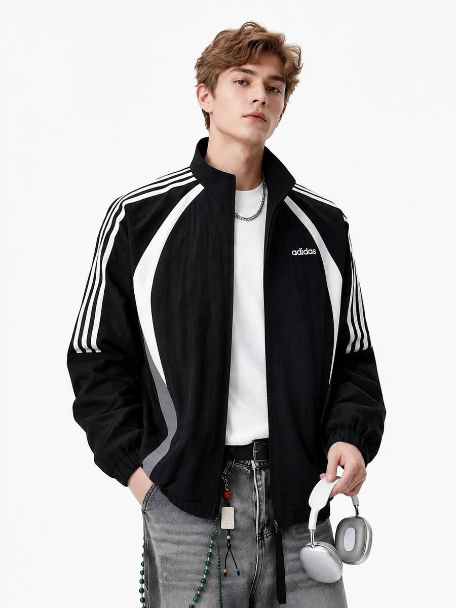 Adidas TH BOM WV JKT男子運動休閒夾克外套 - 黑與白 - 查看 1