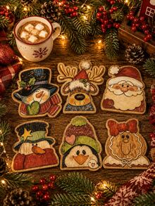 6入雪人、馴鹿、聖誕老人、薑餅女孩木製杯墊，鄉村風聖誕木製角色造型飲品墊，印有節日細節，適用桌面保護、居家聖誕裝飾、廚房裝飾、冬季派對 - 彩色 - 查看 2