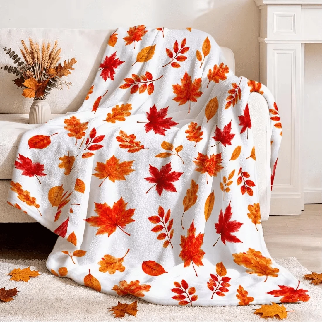 1pc Autumn Maple Leaf Throw Blanket, Watercolor Red & Orange Autumn ...