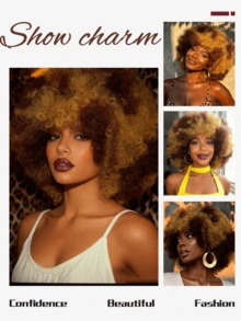DZfirst Afro Kinky Curly Wig With Bangs Soft Short Afro Wig For 70s Synthetic Cosplay Wig Calico Hiar - Multicolor - View 6