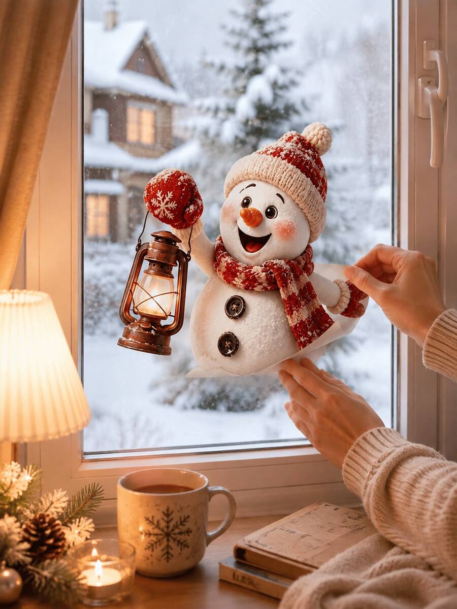 1pc Charming Snowman Window Decal With Cute Winter Lantern Applique, Home Decor, Double-Sided Static Cling, Suitable For Glass Door Display, Living Room, Bedroom, Store Window, Holiday Decoration, Holiday Party Window Decor Accessory, Christmas Window Sticker - Multiple Styles - View 1