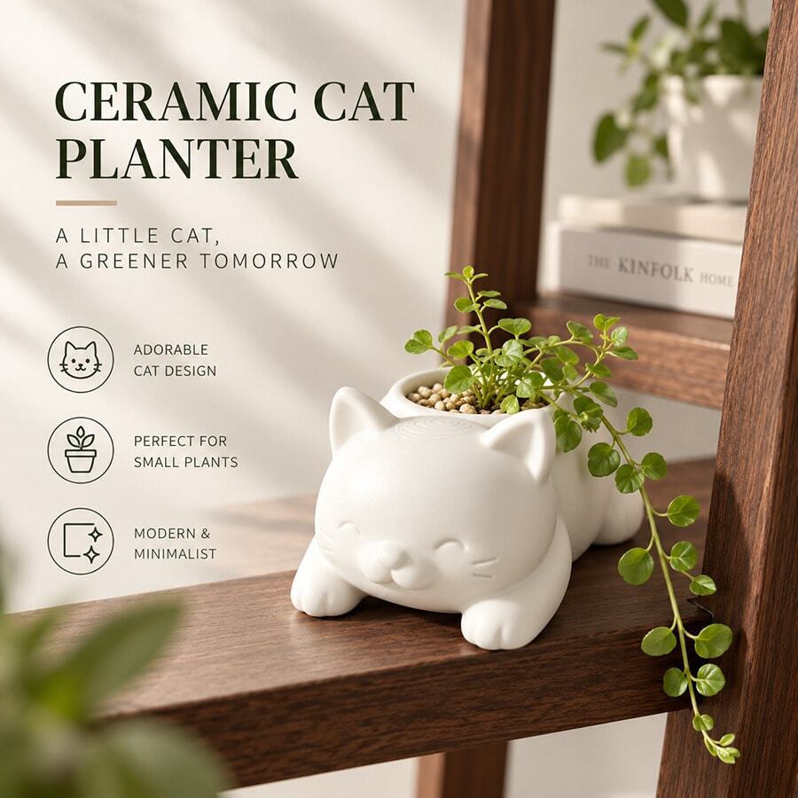 Ceramic Cat Succulent Planter, Minimalist Lying Cat Shaped Green Plant Pot, Cute Animal Desktop Potted Plant Container, Creative Cartoon Kitten Planter, Indoor Window Sill Balcony Succulent Planting Pot, Suitable For Planting Cactus, Mini Foliage Plants, Applicable For Home Living Room, Bedroom Desk, Office Desk, Coffee Shop Shelf Display, Plant Lovers, Cat Owners, Home Decor Enthusiasts, Student Dorm Decoration, Ins Style Minimalist Room Decor Ornament - Cat - View 1