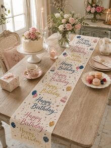 1pc-Happy Birthday Linen Table Runner, Colorful Script Birthday Table Decor With Balloons Cake Stars And Confetti, Farmhouse Party Table Runner For Birthday Celebration Dining Room Kitchen - Multicolor - View 6