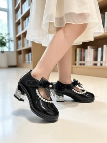 女童漆皮瑪麗珍鞋，網布蝴蝶結與珍珠裝飾，魔鬼氈開合，黑色時尚低跟鞋，適合派對、購物中心與正式場合 - 黑色 - 查看 4