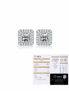 S925 Sterling Silver Moissanite Stud Earrings 0.8ct Square Halo Princess Cut White Gold Tone Luxury Commute Versatile Elegant Daily Wear Hypoallergenic Electroplated Minimalist Shiny Fire Sparkle Commute Date Party Gift Self-Use Exquisite Accessory Earring - Silver - View 4