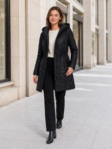 Women's Hooded Quilted Puffer Jacket Mid-Length Zip Up Winter Coat With Waist Drawstring - Black - View 3