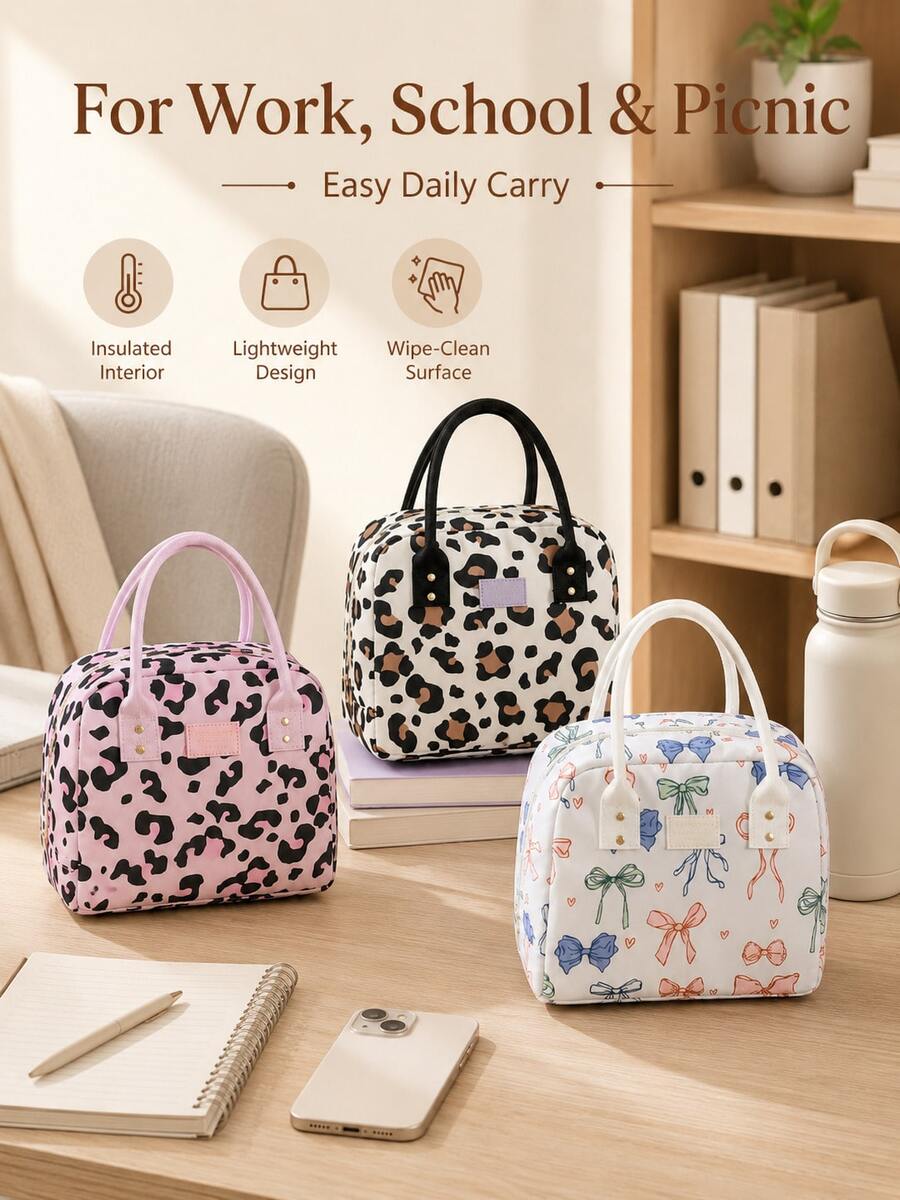 Sweet Polyester Leopard Print Bow Zipper Handheld Insulated Lunch Bag, Portable Large Capacity Bento Tote Lunch Box Bag, Suitable For Work, Office, School, Travel, Back To School Season, Spring/Summer, Daily Use And Picnic - Multicolor - View 1
