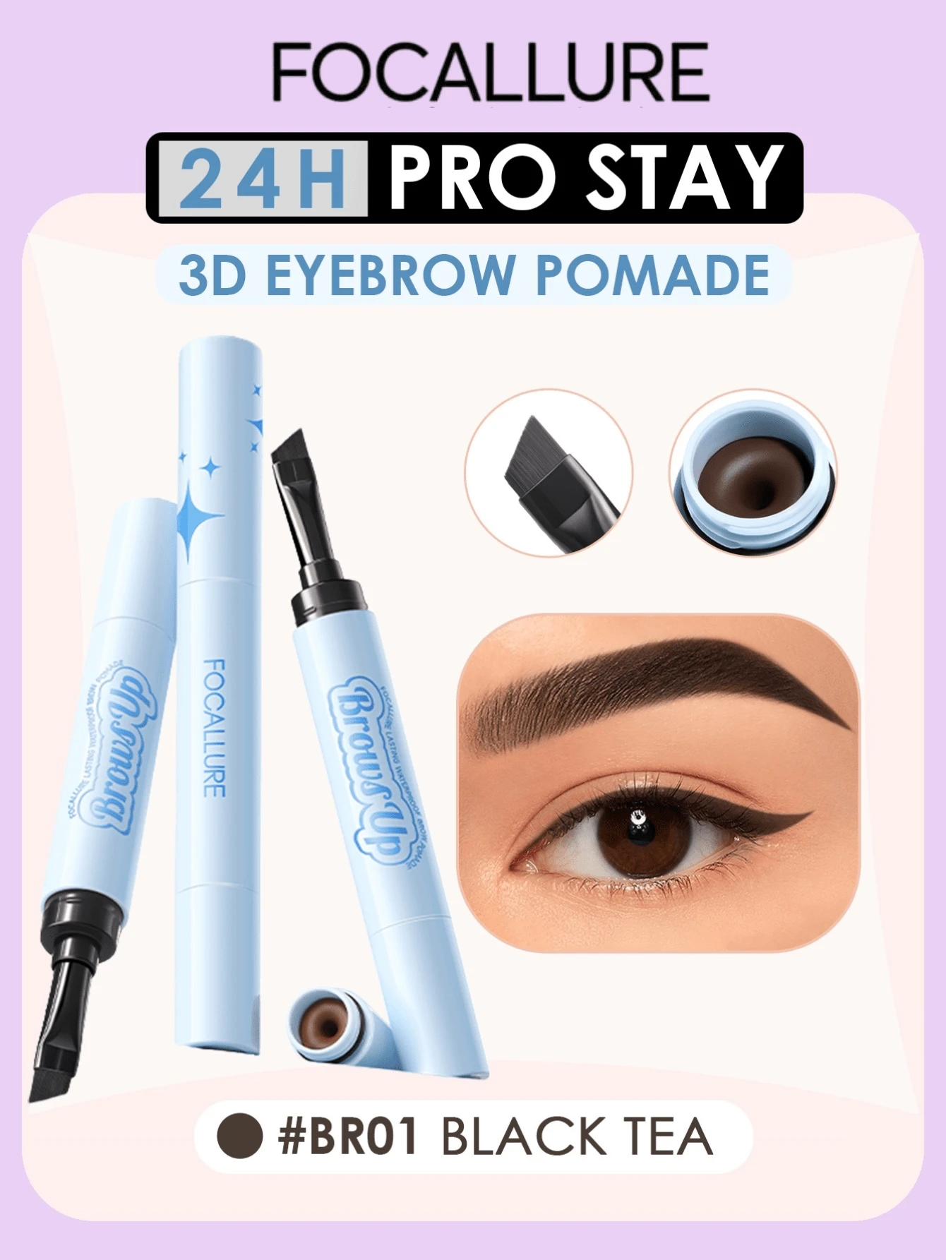 FOCALLURE 1.4g Pro-Stay Smudge-Proof Brow Pomade, Pomade Alis 3D 2-in-1 dengan Kuas, Pasta Warna Alis Tahan Air dan Keringat, Mengisi dan Membentuk Alis, Riasan Sehari-hari - #BR01 TEH HITAM - View 1