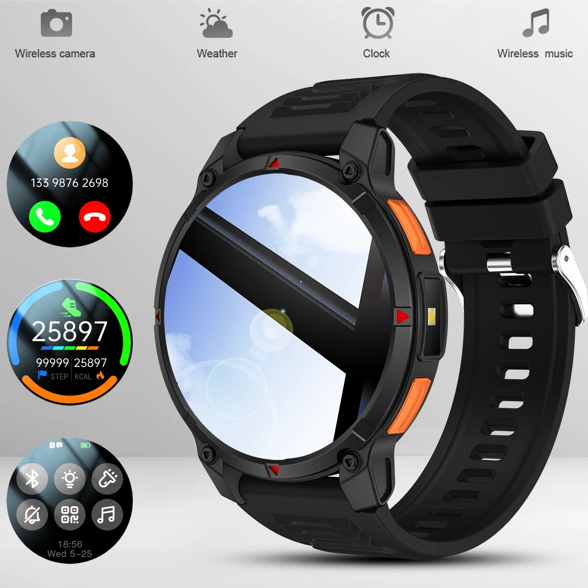 QAGSFLC Upgraded LED Flashlight Smart Watch, Fashion Sports Smart Watch For Men And Women, 1.53 Inch Round HD Display, Wireless Calling, Remote Camera Control, Music Playback, Stopwatch, Pedometer, Calorie, Distance Tracking, Multiple Sports Modes, Message Notification, USB Cable Charging, Multi-Function Casual Business Wristwatch, Ideal Holiday Gift